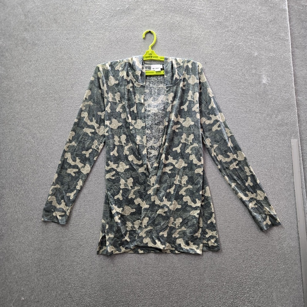 Nicole Miller Women Cardigan M Green Linen Camouflage Open Front Hooded Coastal